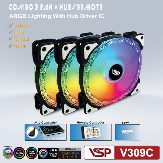 Bộ Kit 3 Fan VSP V309C LED RGB (01 Hộp có 3 Fan/Hub/Remote) - Hàng chính hãng Tech Vision phân phối