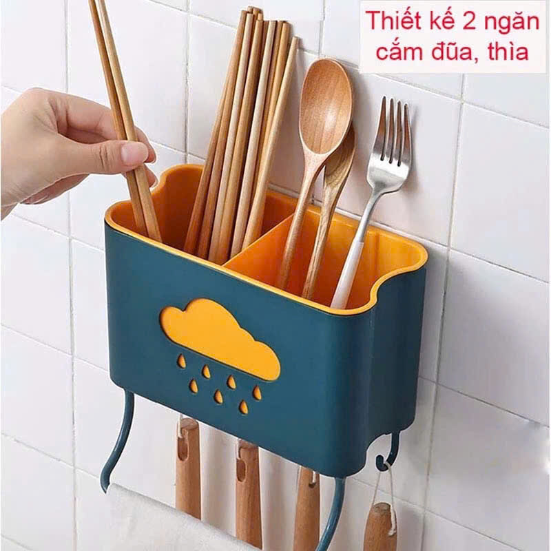 Hộp đựng đũa muỗng treo tường kèm móc treo khăn và dụng cụ bếp, ống đựng đũa muỗng hình đám mây