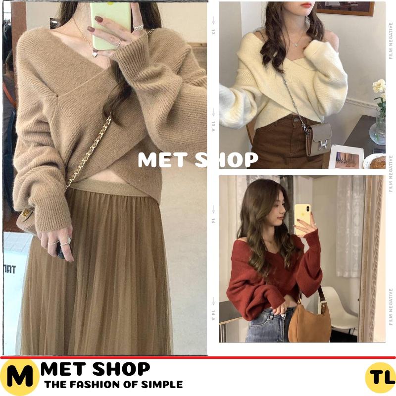 Áo len nữ dài tay cổ V vạt chéo Sang chảnh chất len co giãn mềm đẹp dày dặn Thời trang Hàn. MET SHOP