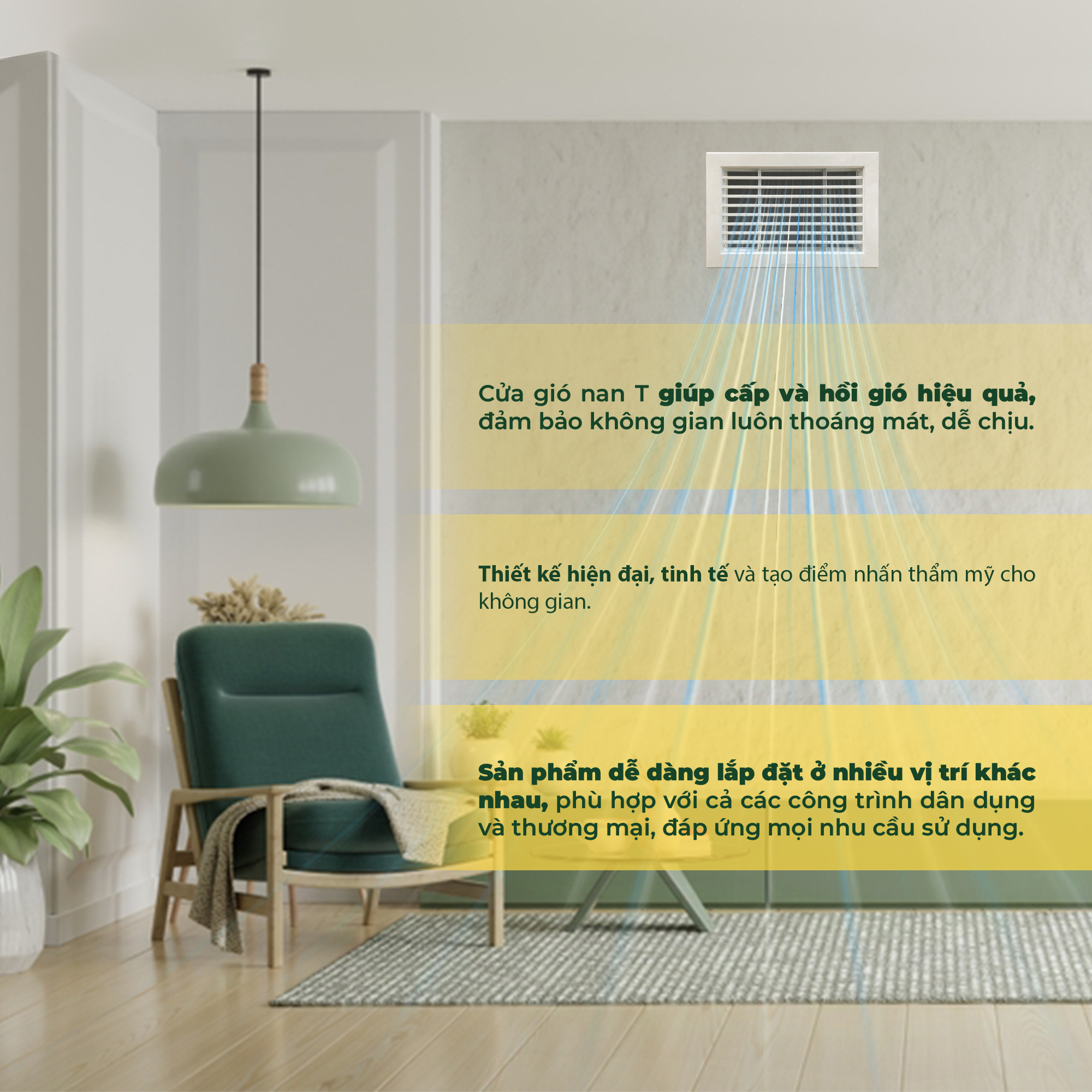 Cửa Gió Nan T, Điều Hòa Không Khí, Hợp Kim Nhôm, Asia Green, Cho Dự Án, Nhà Ở ( Giá bao gồm VAT)