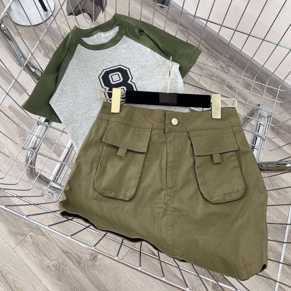 SET CHÂN VÁY NGẮN TÚI HỘP LƯNG CAO SUÔNG TRƠN + ÁO THUN CROPTOP XANH RÊU RAGLAN TAY NGẮN ĐI BIỂN DẠO PHỐ ĐI CHƠI ĐI LÀM