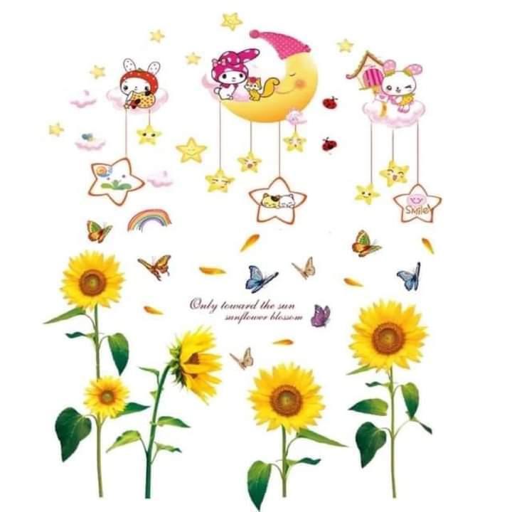 DECAL DÁN TƯỜNG THỎ YÊU TRĂNG VÀ HƯỚNG DƯƠNG VÀNG - HP412
