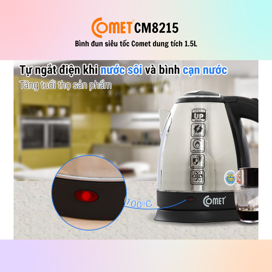 Bình đun siêu tốc Comet CM8215 (1.5L) - CM8217 (1.8L) - Hàng Chính Hãng - Bảo Hành 12 Tháng