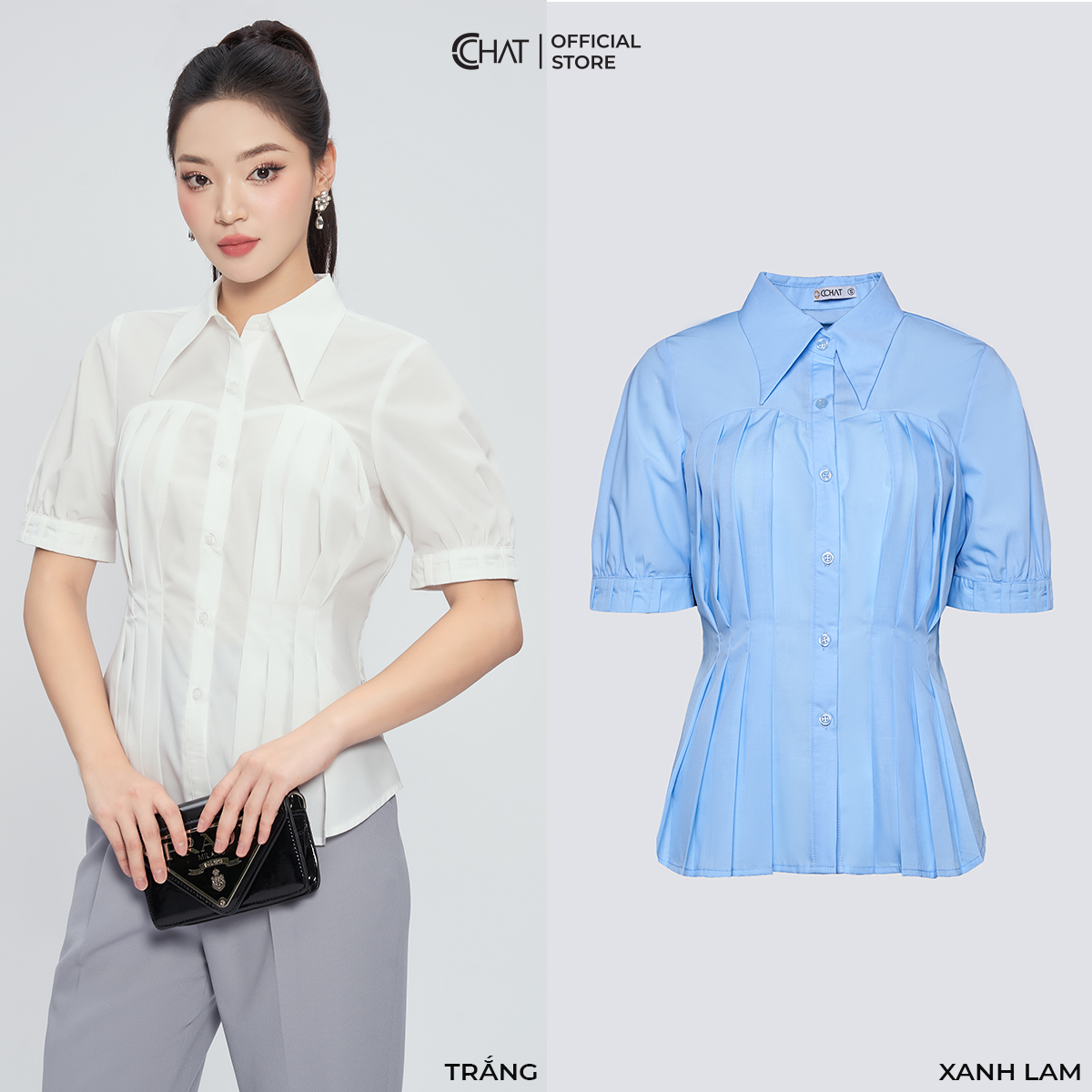 Áo Sơ Mi Nữ Kiểu Xếp Ly Ngực Dáng Suông Ôm Nhẹ Chất Thô Cao Cấp 13FNT2008OT