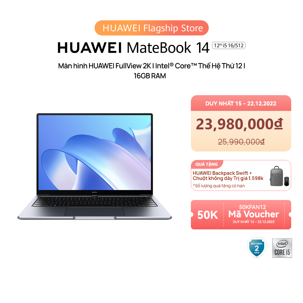 Máy Tính Xách Tay HUAWEI MateBook 14 (16GB/512GB) | Intel Core i5 Thế Hệ Thứ 12 | Màn Hình HUAWEI 3:2 Fullview 2k | Nút Nguồn Vân Tay | Hàng Chính Hãng