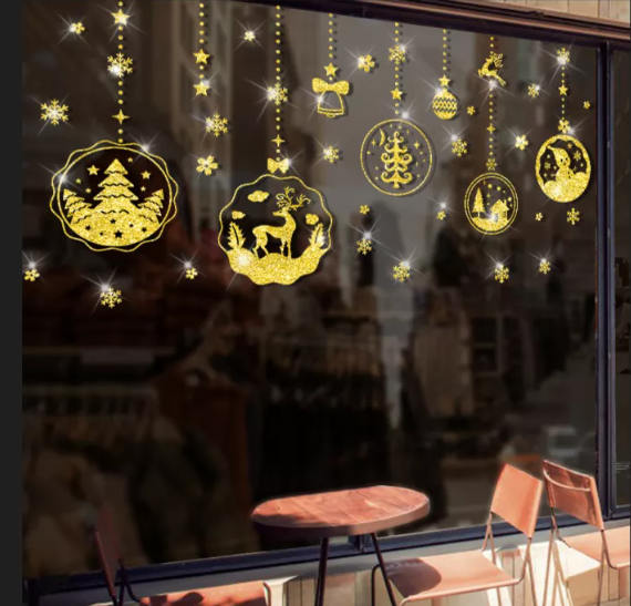 Decal trang trí Noel - Rèm trái châu lớn nhũ kim tuyến vàng lấp lánh