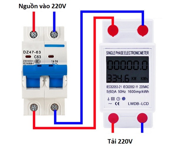 Công tơ điện tử 1 Pha 60A 15000W theo dõi chỉ số điện Kwh