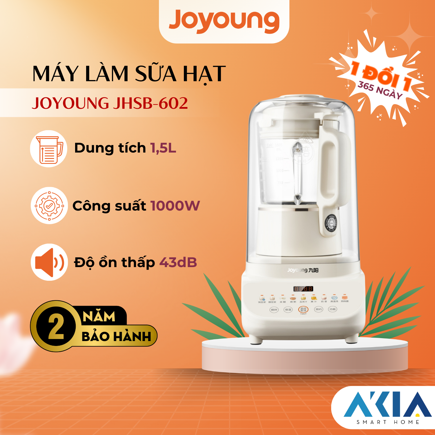 Máy làm sữa hạt đa năng Joyoung JHSB-602 - Dung tích 1.5L, Công suất 1000W, 12 chức năng - HÀNG CHÍNH HÃNG