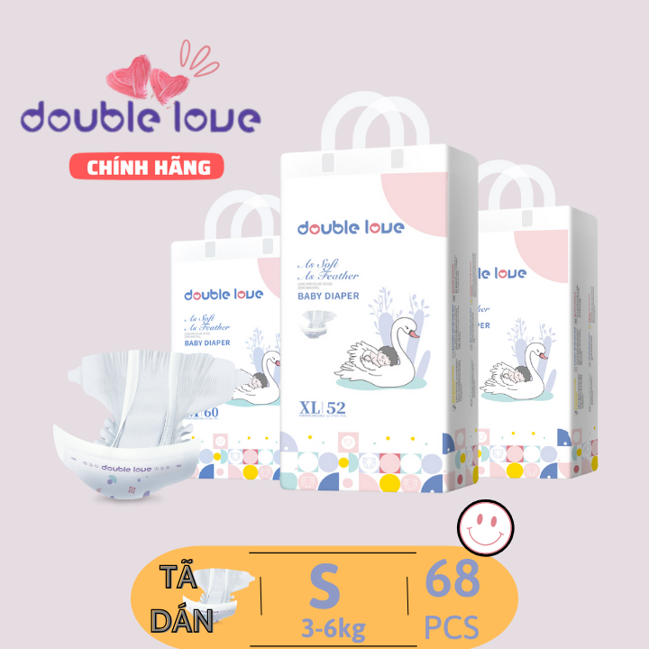 Combo 3 Tã Dán Double Love Size S68– M60 – L56 – XL52 siêu mỏng, siêu thấm hút an toàn cho bé