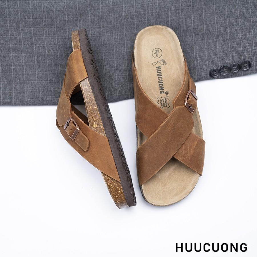 Dép nam Huucuong quai chéo khóa da bò nâu đế trấu handmade