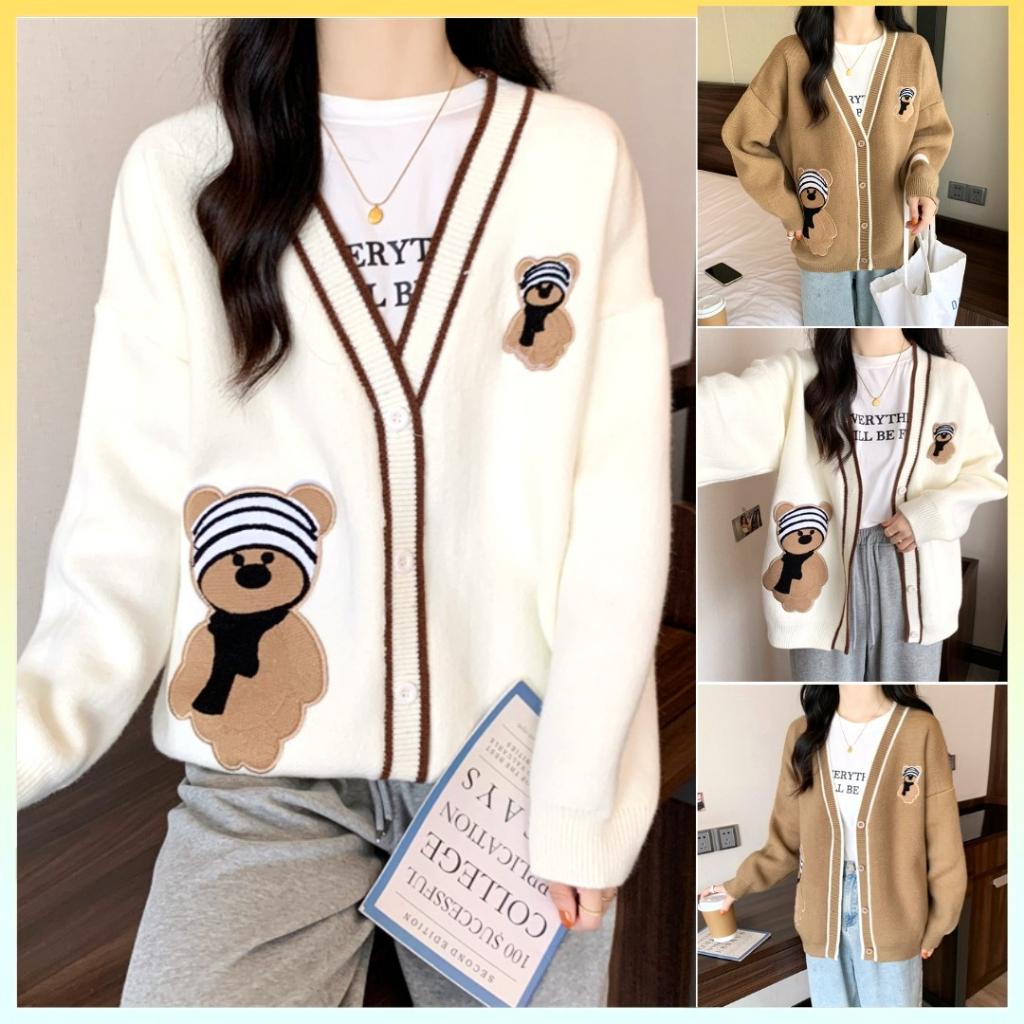 Áo khoác len nữ THU ĐÔNG Cardigan THÊU GẤU ĐEO KHĂN vải dày dặn cực xịn xò