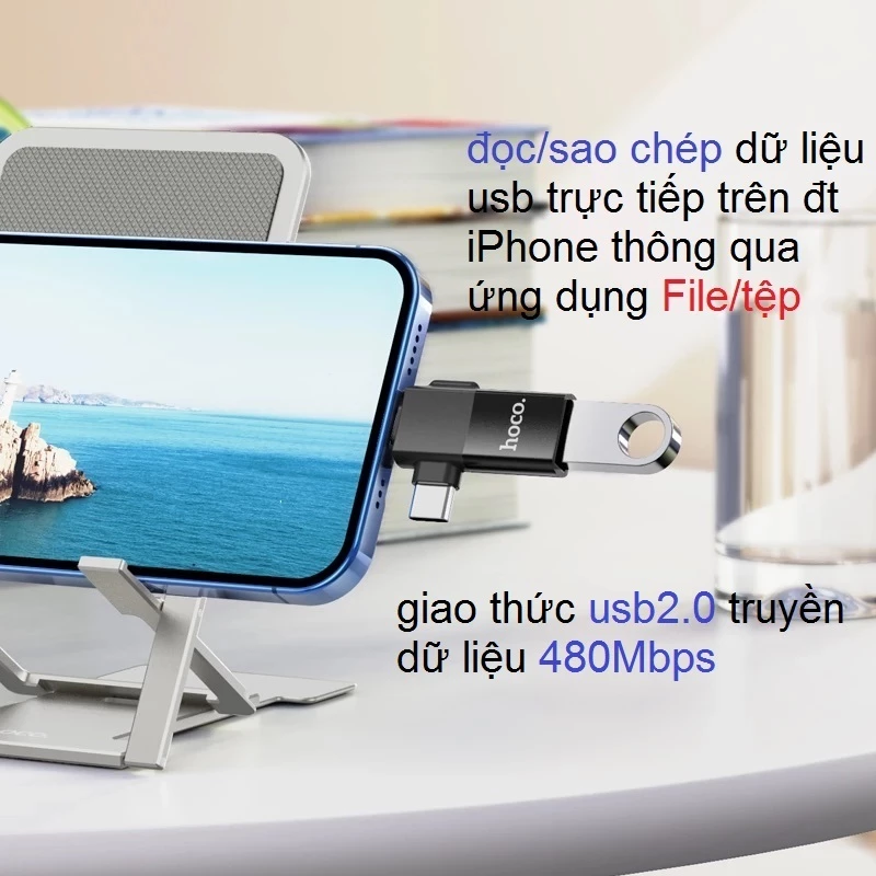 Đầu chuyển đổi OTG 2in1 iP / Type C to USB Hoco UA17 đọc dữ liệu usb cho  điện thoại _  Hàng chính hãng