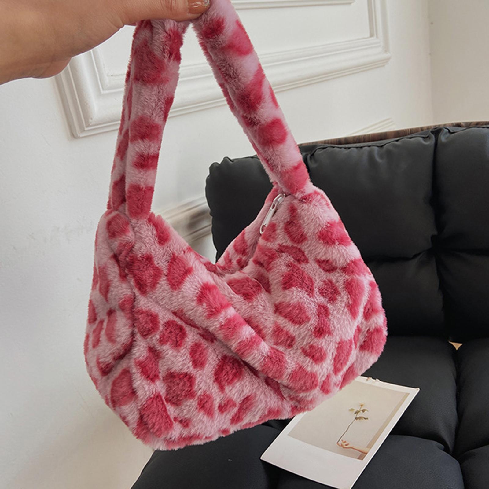 Fashion Plush Shoulder Bag Lady Casual Tote Underarm Bag Lightweight Small Purse Leopard Pattern Handbag for Travel Work