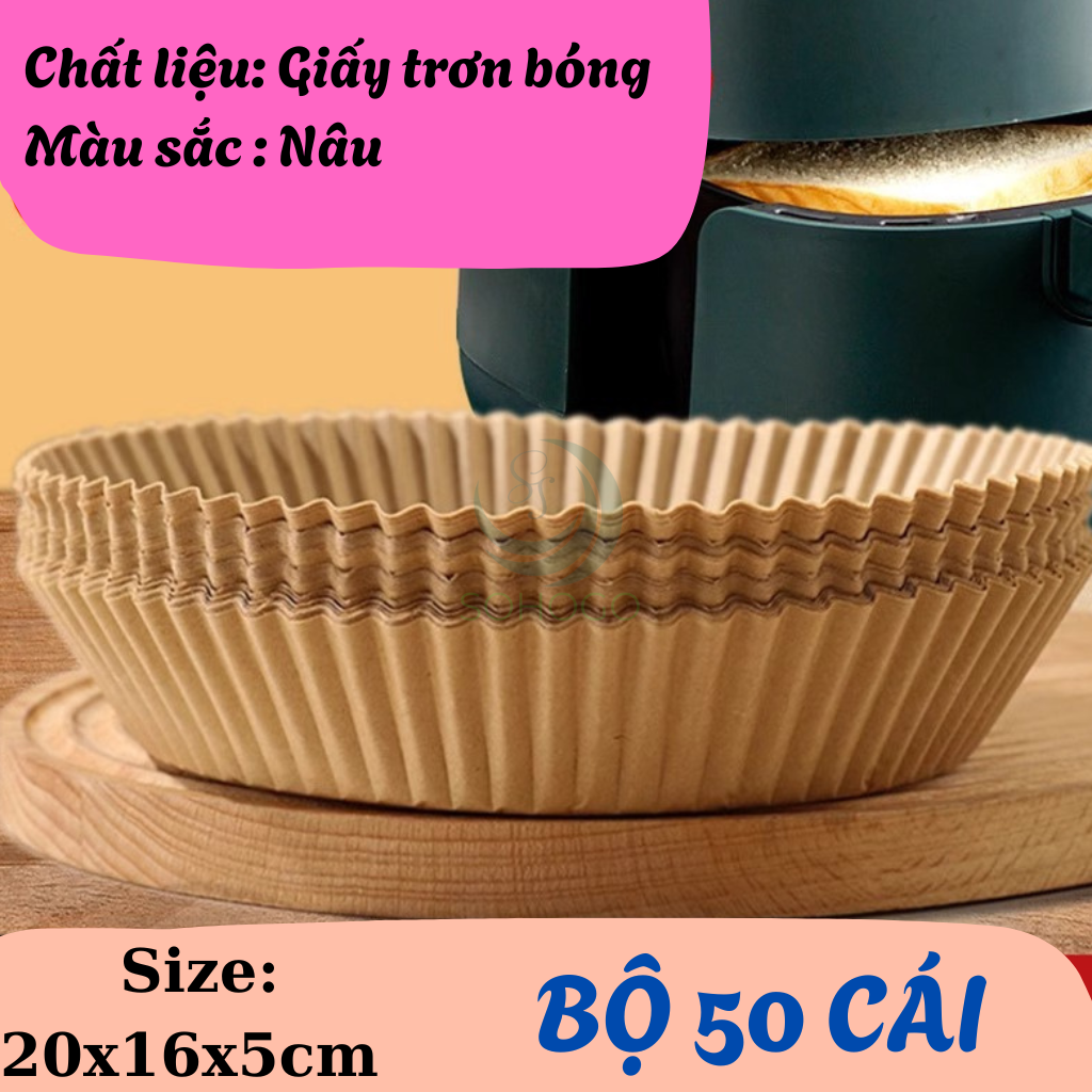 Set 50 Miếng Giấy Lót Nồi Chiên Không Dầu, miếng lót nướng không dính thấm dầu hình tròn đa năng V0060