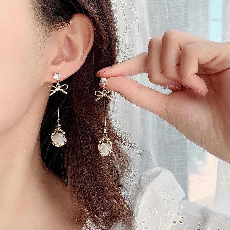 Khuyên tai bông tai nữ nơ thả đá sáng đẹp dự tiệc cô dâu Ring House
