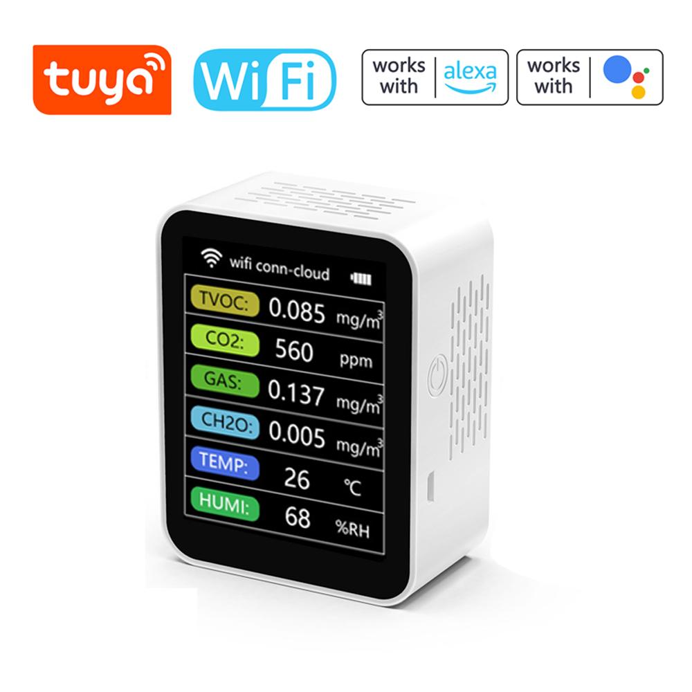 Tuya WiFi Portable Home Office Indoor Desktop Air Quality Detector 6 In 1 Multifunctional Detector TVOC CO2 Gases CH2O Temperature Humidity Detecting Intelligent Linkage Mobilephone APP Remotes Viewing