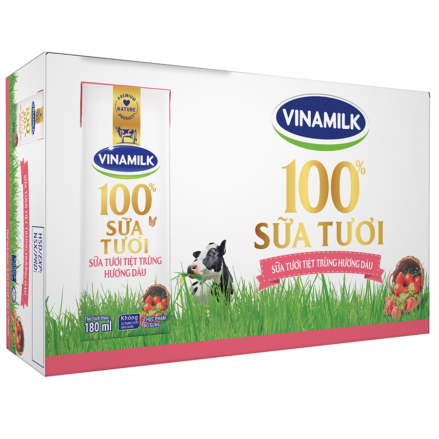 Thùng 48 Hộp Sữa Tươi Tiệt Trùng Vinamilk 100% Hương Dâu (180ml)