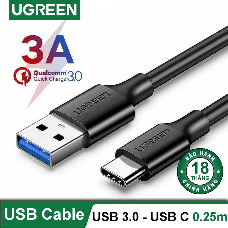 Dây cáp sạc và truyền dữ liệu tốc độ nhanh hãng USB 3.0 sang USB type C UGREEN US184 dòng 3A, dài 0.25m - Hàng nhập khẩu chính hãng