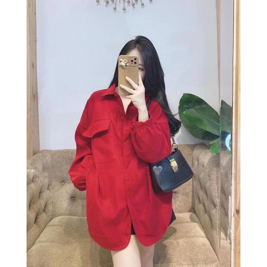 Áo sơ mi nhung tay cánh dơi form rộng 1 túi nắp viền Lovi