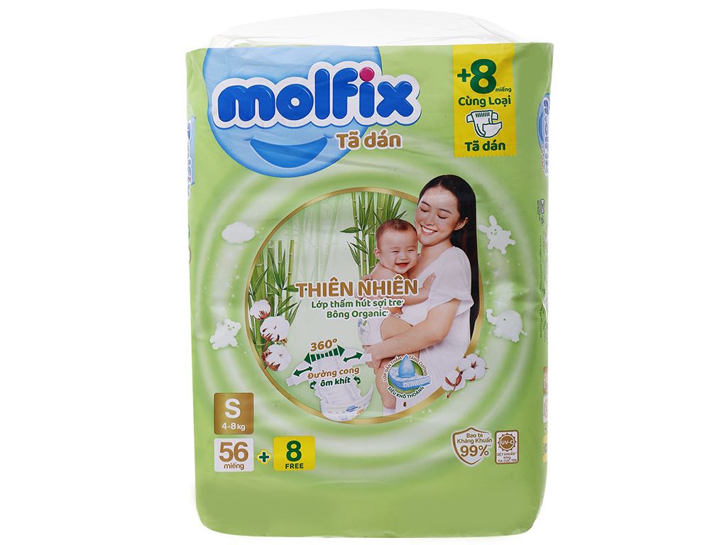 Tã/bỉm dán Molfix Thiên nhiên Jumbo S56 (4kg - 8kg) - Gói 56 miếng