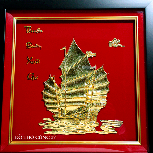 Tranh Thuyền Buồm Xuôi Gió Mạ Vàng, dát vàng 24k