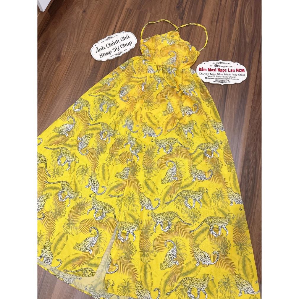 Đầm váy maxi cổ yếm voan lụa mút ngực vàng xanh đan lưng hở lưng xẻ đùi đi biển dự tiệc dạo phố bigsize gợi cảm sexy