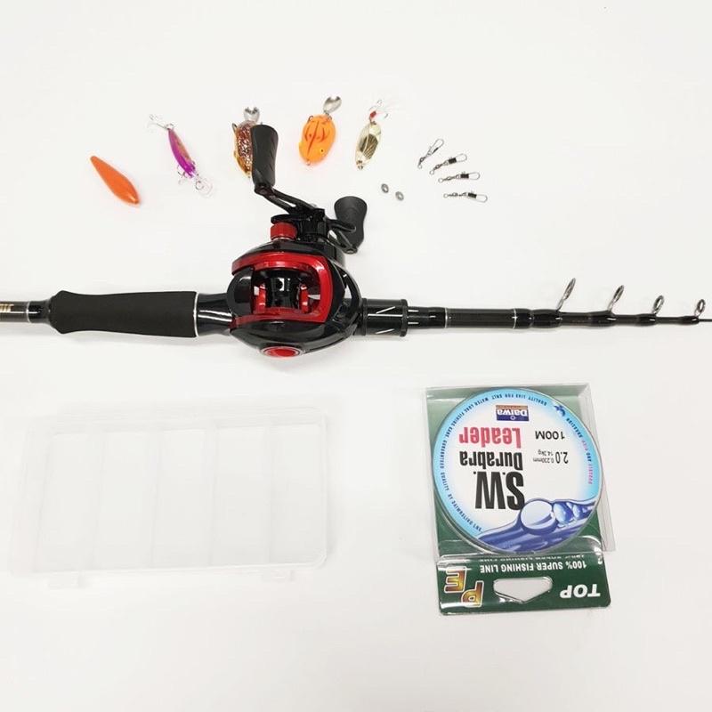 Bộ cần câu lure máy ngang rút gọn 60cm chất liệu carbon nhiều size kèm máy ngang và mồi lure