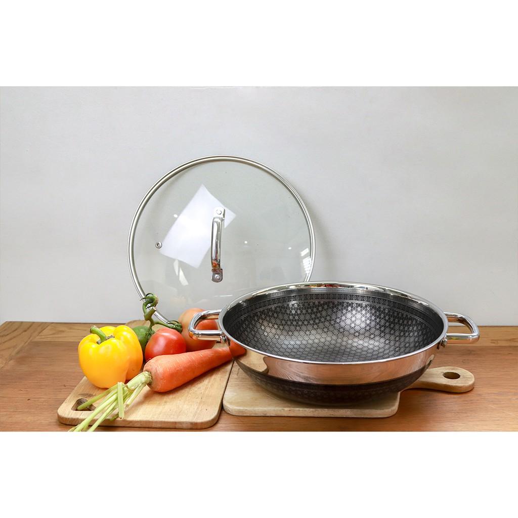 Chảo xào inox 304 cao cấp KimsCook NOONSONG 2 quai 32cm chống dính 2 mặt 3 lớp đúc liền đáy từ nắp kính - tặng 1 sạn inox