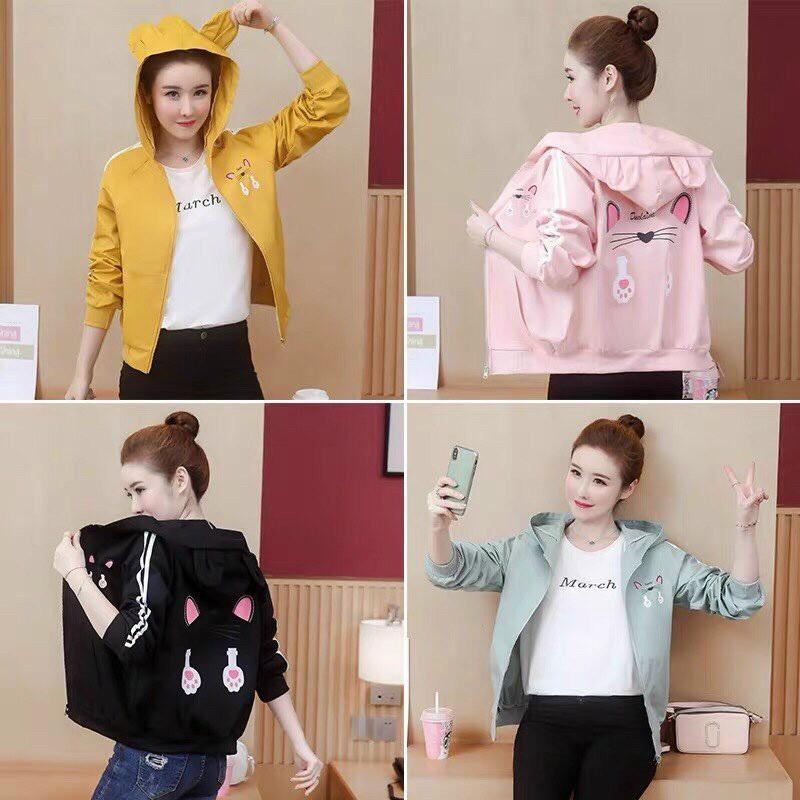 Áo khoác nữ hồng dù 2 lớp unisex - Hoodie có mũ nón bomber form rộng chống nắng mùa đông tai thỏ, tai mèo