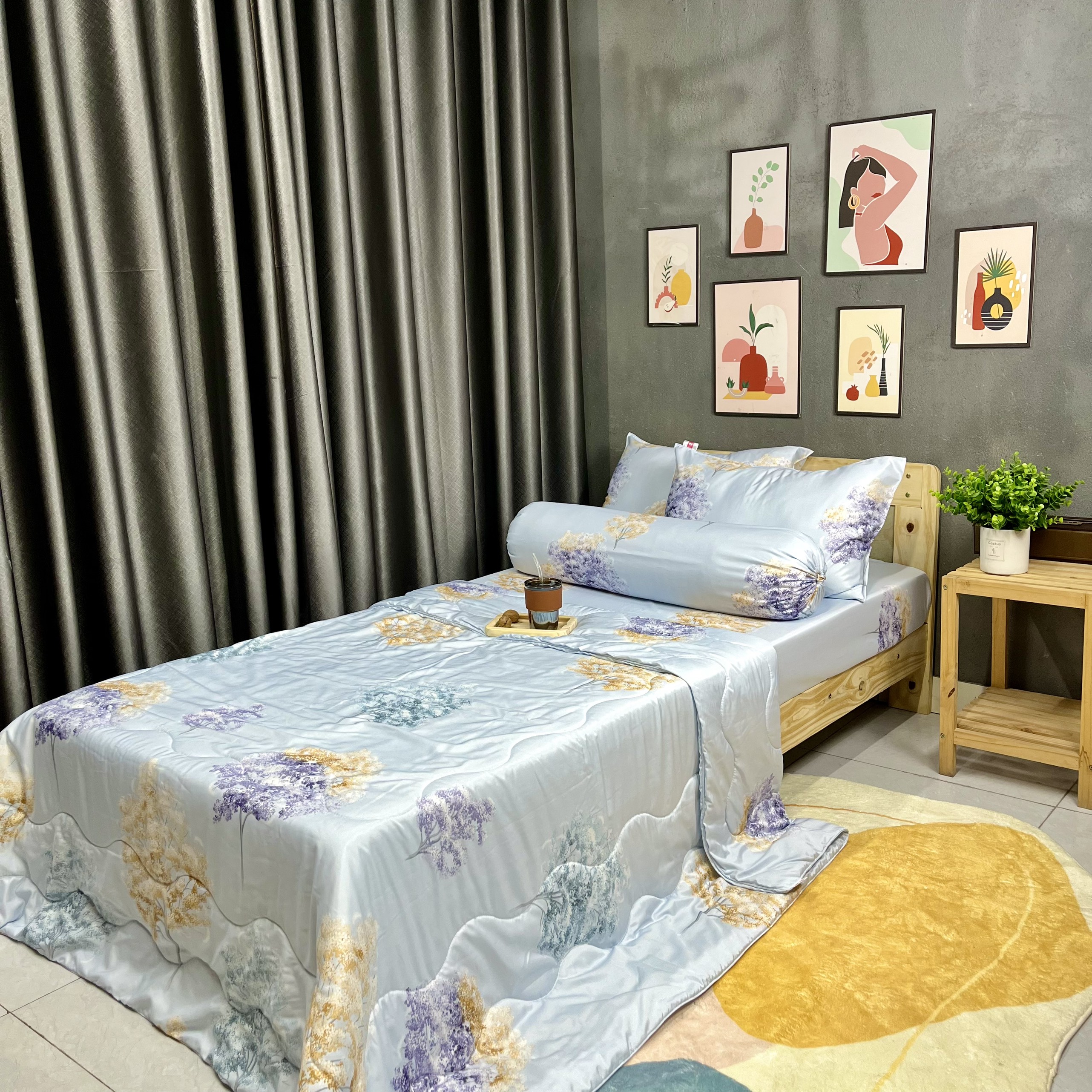 Bộ Chăn Ga Gối Đệm Phi Lụa Tencel Bộ Chăn Ga 5 Món Drap Giường