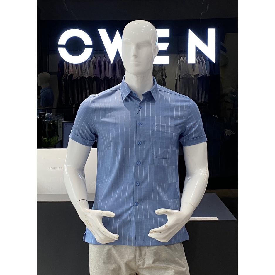 OWEN - Áo Sơ mi ngắn tay vạt ngang màu xanh sọc chất sợi tre 230166
