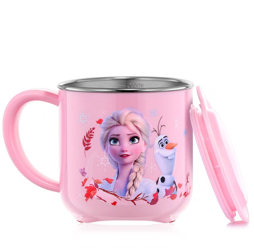 Ly cốc giữ nhiệt Disney in hình Elsa Anna Frozen P.2 màu hồng có nắp và quai cầm cho bé - 260ml