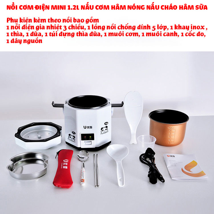 Nồi cơm điện mini 1.2L UXUE B12 nấu cơm hâm nóng nấu cháo hầm xương kèm bộ thìa đũa