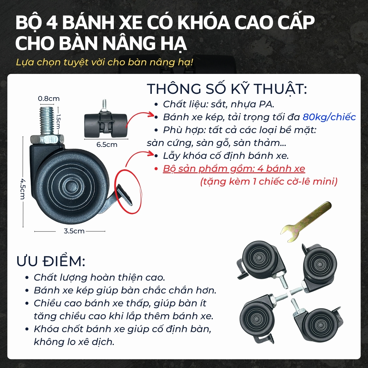 Bánh xe cho bàn ghế văn phòng DandiHome tự phanh nhẹ cao cấp