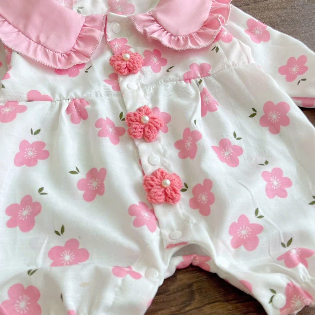 Set Body Tay Dài Hoa Đính Hoa Len Kèm Nón Cho Bé Gái Sơ Sinh 1 2 Tuổi Từ 3-11kg Dành Cho Bé Gái