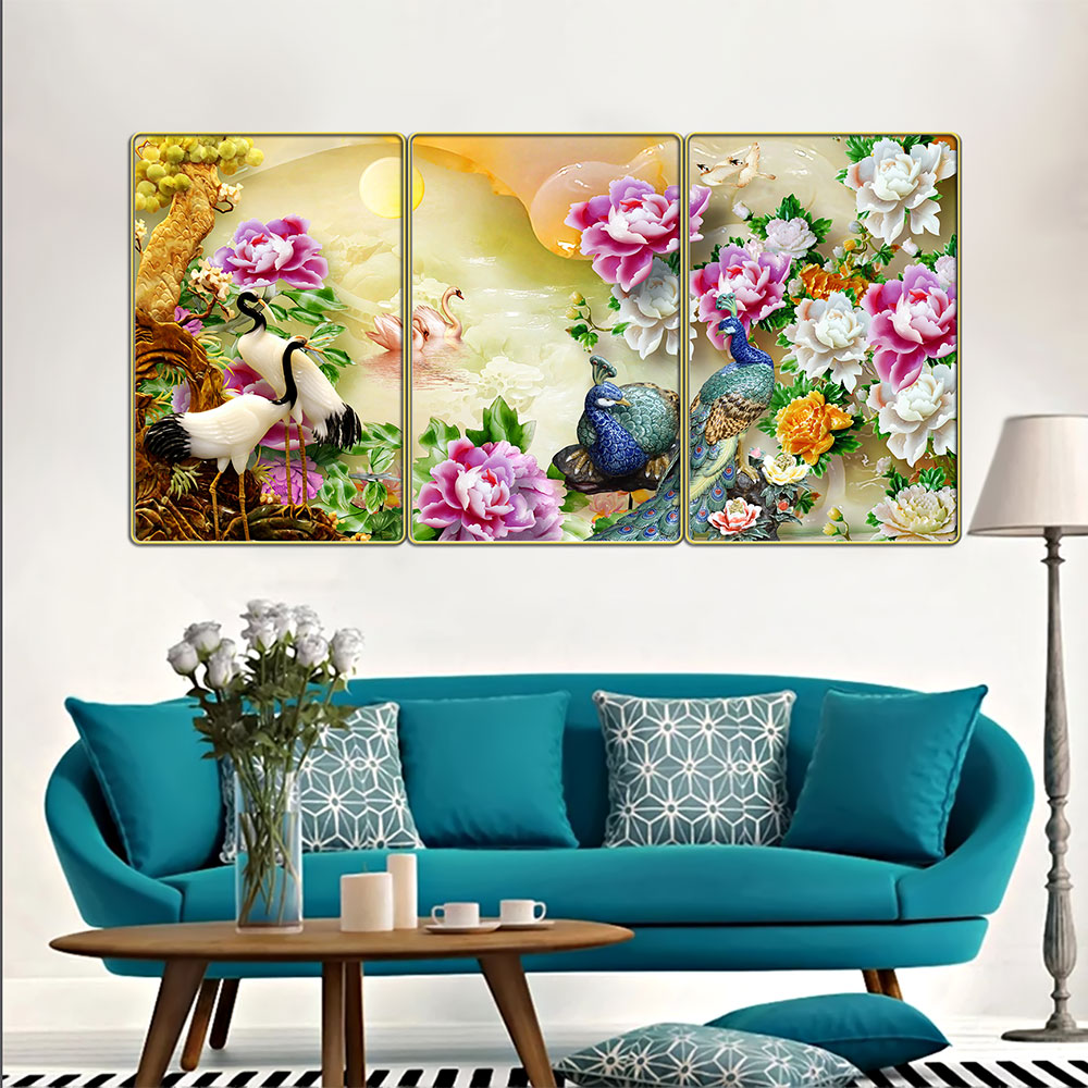 Tranh treo tường 3 tấm trang trí phòng khách, phòng ăn, phòng ngủ Chim công khổng tước: 3200L10