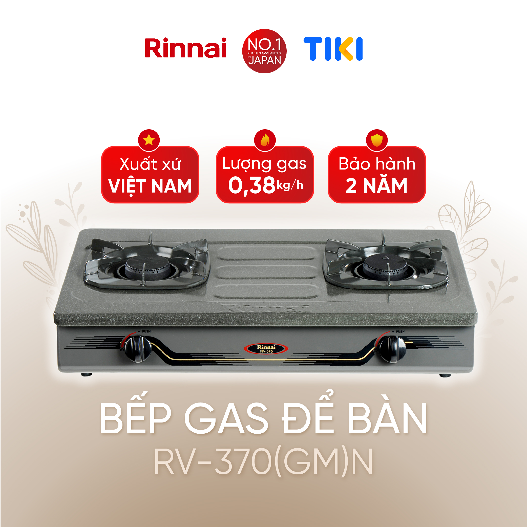 Bếp gas dương Rinnai RV-370(GM)N mặt bếp men và kiềng bếp men - Hàng chính hãng