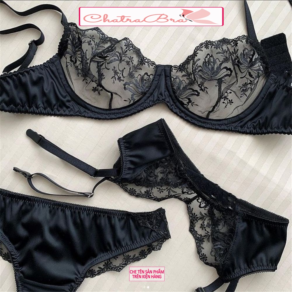 Set bộ đồ lót lingerie lọt khe  xuyên thấu phối voan thêu cao cấp