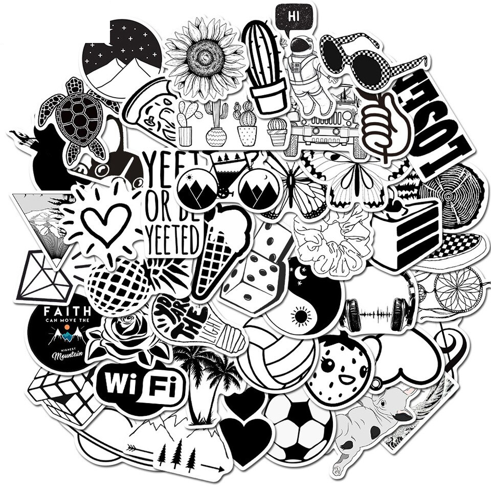 Set 30 sticker Black White Đen Trắng hình dán có ép lụa