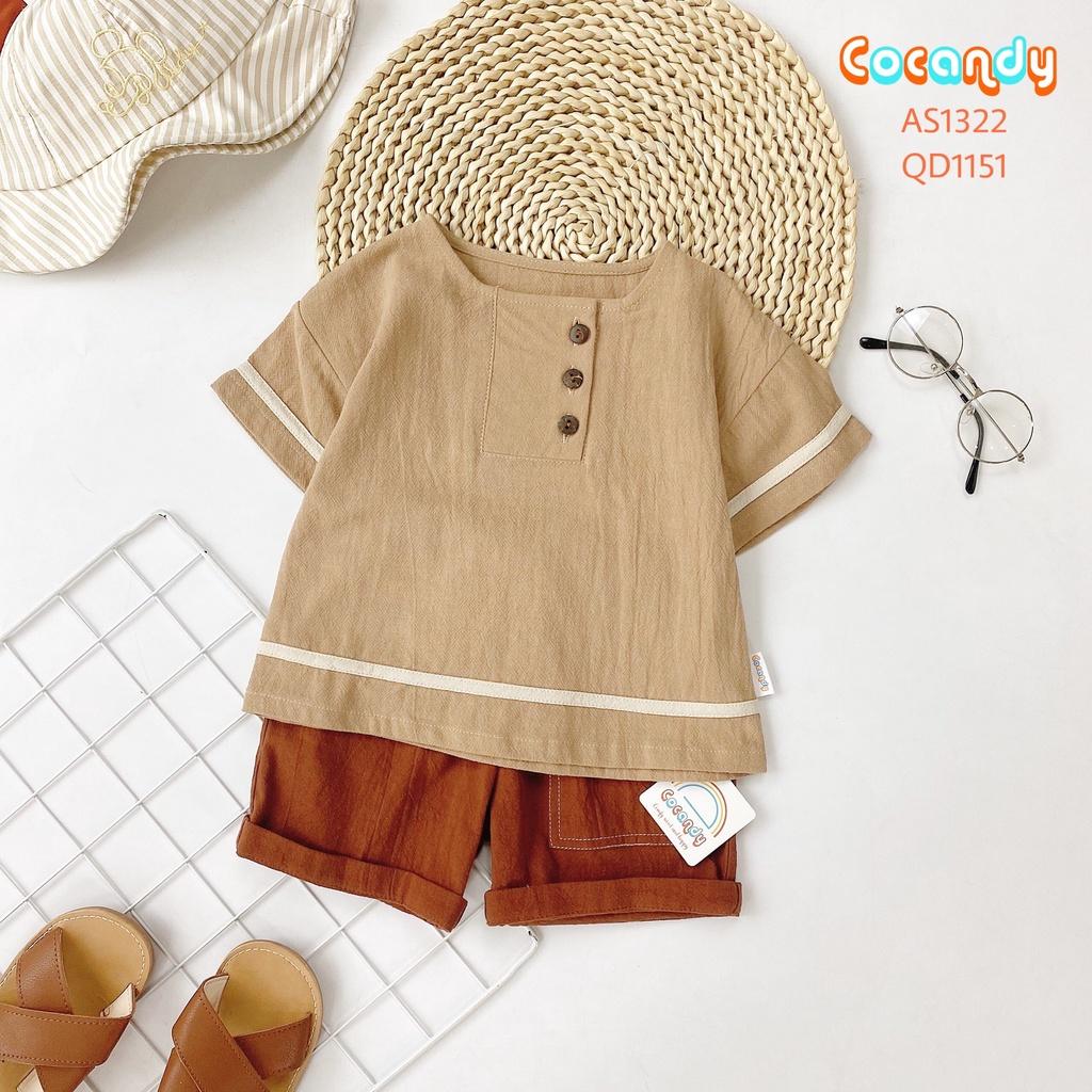 Set đồ cho bé- Áo nâu viền be và Quần cộc đũi nâu cúc túi cho bé của COCANDY mã AS132272, QD115175