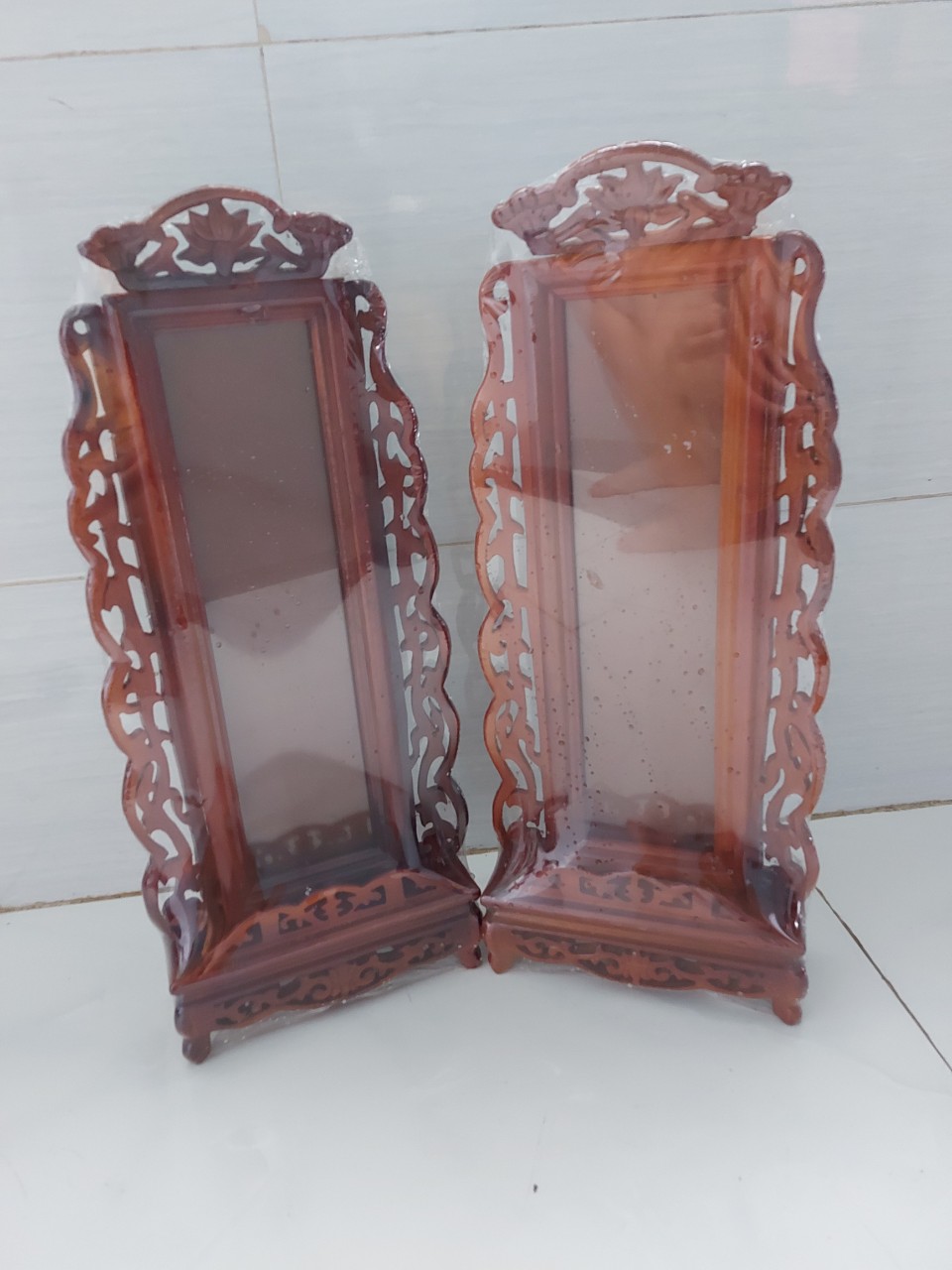 Bài vị thờ gia tiên gỗ chạm khắc ép kính viền hoa cao cấp cao 40cm - 48cm