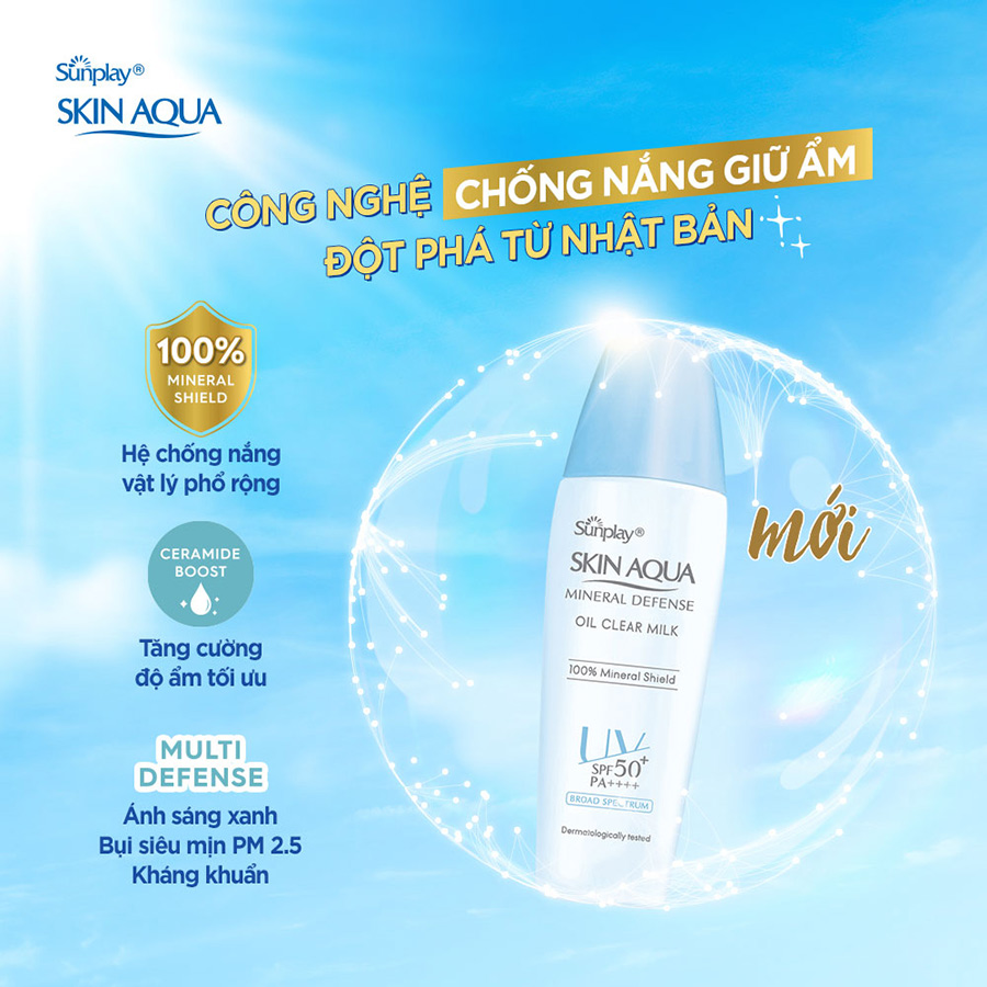 Kem chống nắng vật lý Skin Aqua kiềm dầu, dạng sữa dùng hàng ngày Sunplay Skin Aqua Mineral Defense Oil Clear Milk SPF50+ PA++++ 25g