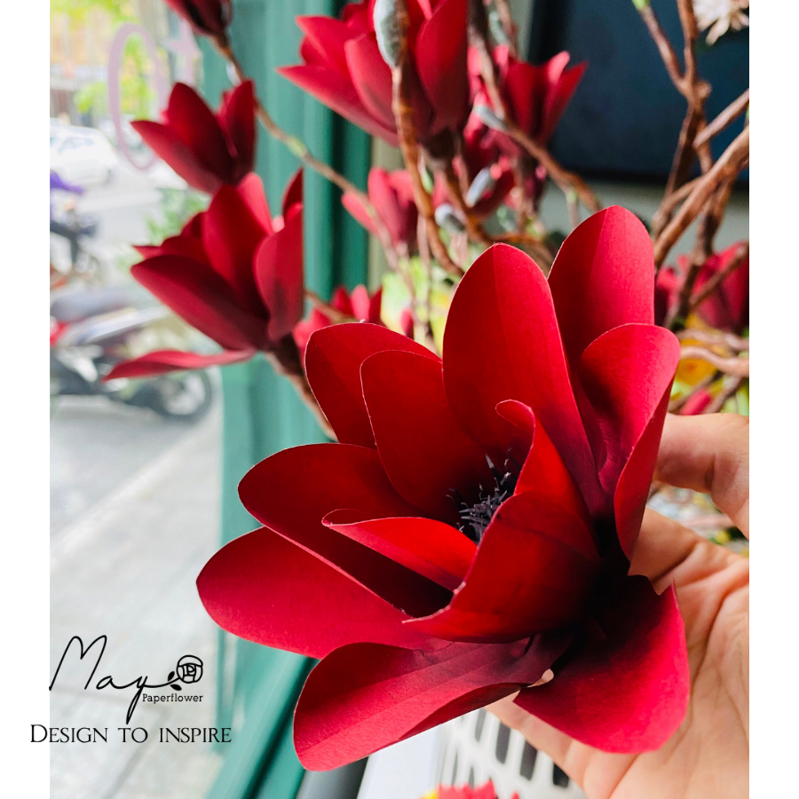 Hoa giấy trang trí, Hoa Mộc Lan đỏ handmade Maypaperflower - hoa giấy nghệ thuật, hoa cắm bình, decor nhà ở văn phòng