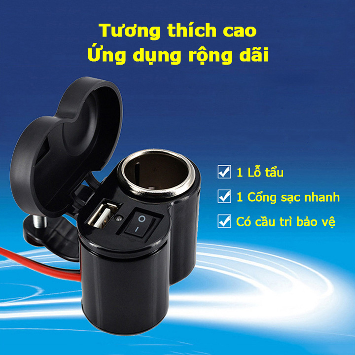 Bộ sạc điện thoại nhanh gắn xe máy bình ác quy có lỗ tẩu chống nước CD3016