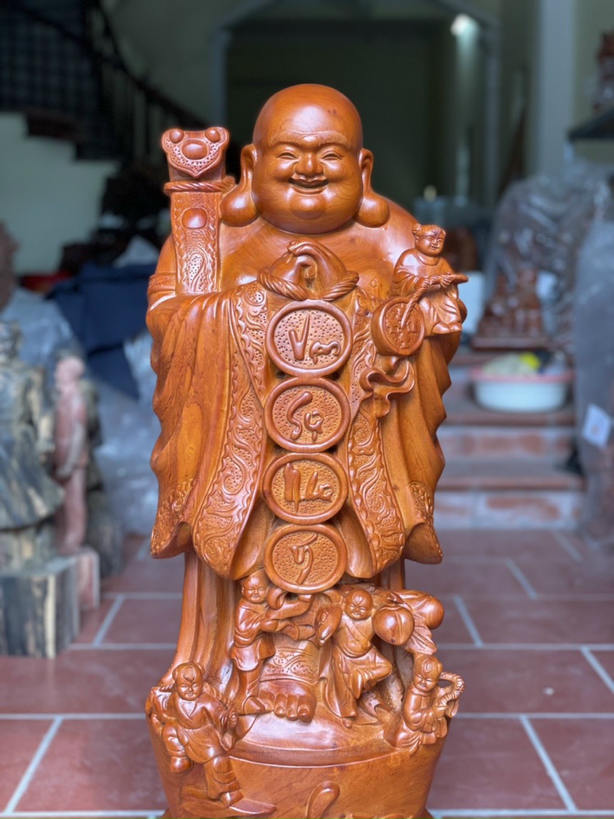 Tượng phật di lặc chúc phúc bằng gỗ hương đá kt cao 120×37×34cm