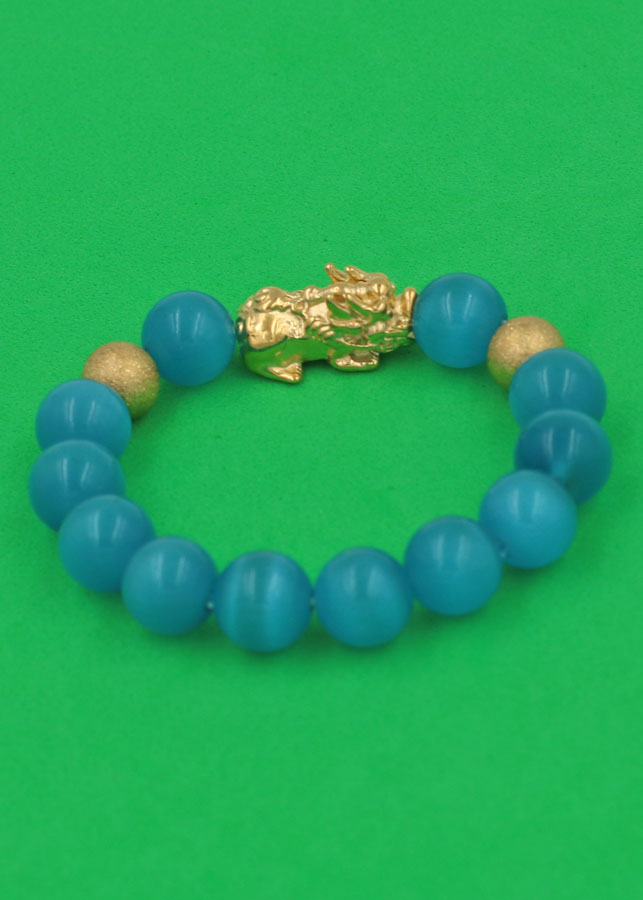 Vòng đeo tay Đá Mắt Mèo Xanh Biển 12 ly - cẩn Tỳ Hưu Phong Thủy inox vàng VMEXBTHHBV12 - hợp mệnh Thủy, mệnh Mộc