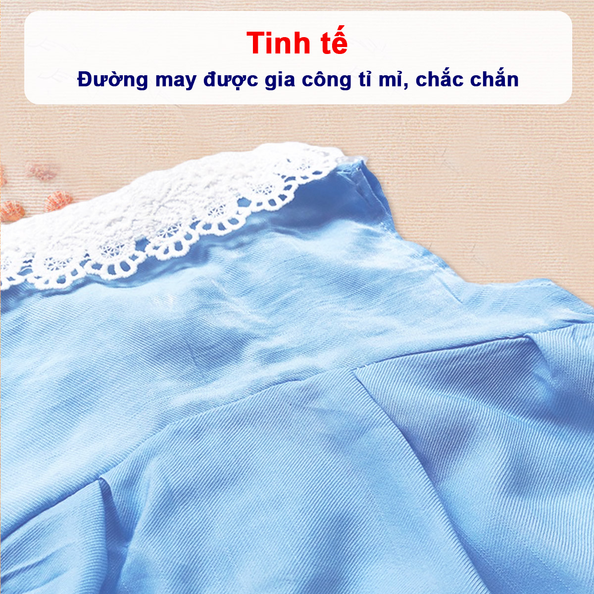 Đầm sóng xanh chất đũi nhẹ mềm mát cho bé gái 1-7 tuổi phối ren ở cổ và họa tiết thêu cực nữ tính BBShine – D069