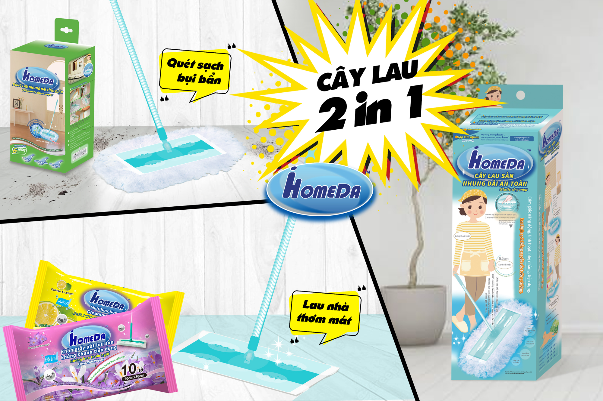 Combo 1 Bộ Cây Lau Sàn Đa Năng iHomeDa &amp; 5 + 5 Khăn ướt lau sàn kháng khuẩn tiện dụng iHomeDa ( Hương Cam &amp; Hương Lavender) - Combo 1 Multi functional cleaning mop and 5 + 5 flooring wet wipes/ iHomeda cleaning mop combine with wet wipes