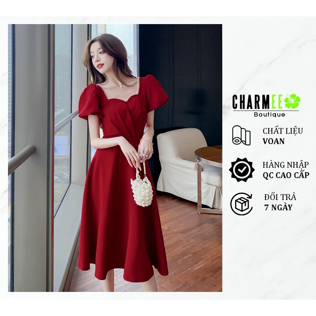 Đầm đỏ cổ thuyền đính dây ngọc