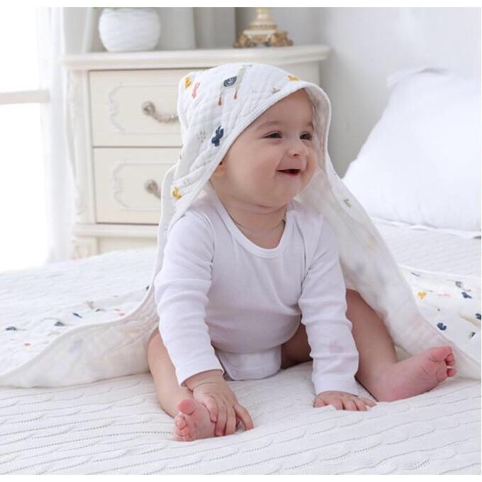 Khăn ủ sơ sinh có mũ 100% cotton êm mềm in hình cute - B141